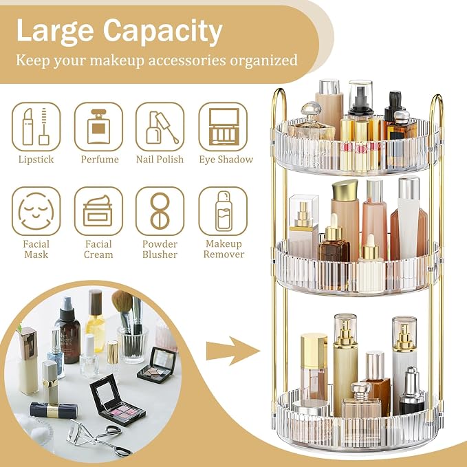 MOKANI 360 Rotating Makeup Organizer for Vanity, 3 Tier Perfume Organizer | Adjustable Multi-Function Spinning Cosmetics Skincare Storage for Bedroom, Dresser, Countertop, Clear