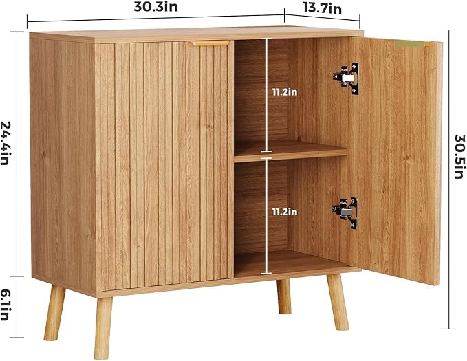 Set of 4 Fluted Storage Cabinet, Buffet Cabinet with Storage, Wood Sideboard with Adjustable Shelf, Modern Accent Cabinet & Console Table for Entryway, Living Room, Dining Room, Natural