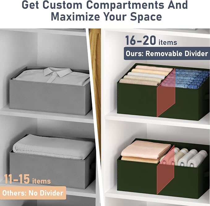DIMJ Large Closet Shelf Organizer Bins 8 Packs with Handles and Divider, Fabric Trapezoid Storage Baskets, Foldable Clothes Containers Box for Shelf, Towel, Book, Toy, Purse, Hats, Green