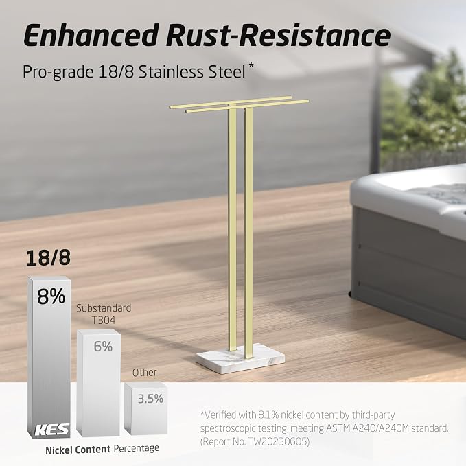 KES Brushed Gold Standing Towel Rack, 37" H, Heavy Marble Base, Bathroom | Equal-Height, Fits Large Bath Towels, Freestanding Design, Modern Luxury, 18/8 Stainless Steel Rustproof