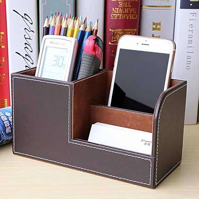 Desk Organizer Office Supplies Caddy Pu Leather Multi-function Storage Box Pen/Pencil,Cell phone, Business Name Cards Remote Control Holder Brown