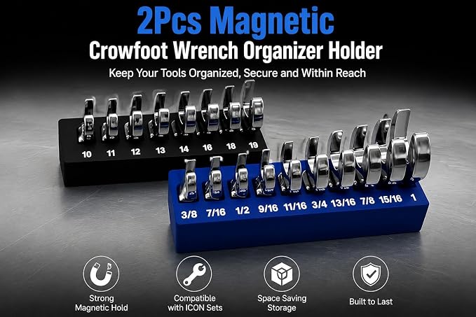 Magnetic Tool Organizer Holder for Crowfoot Wrench Sets, Compatible with ICON SAE & Metric, Toolbox Storage Rack, 2Pcs