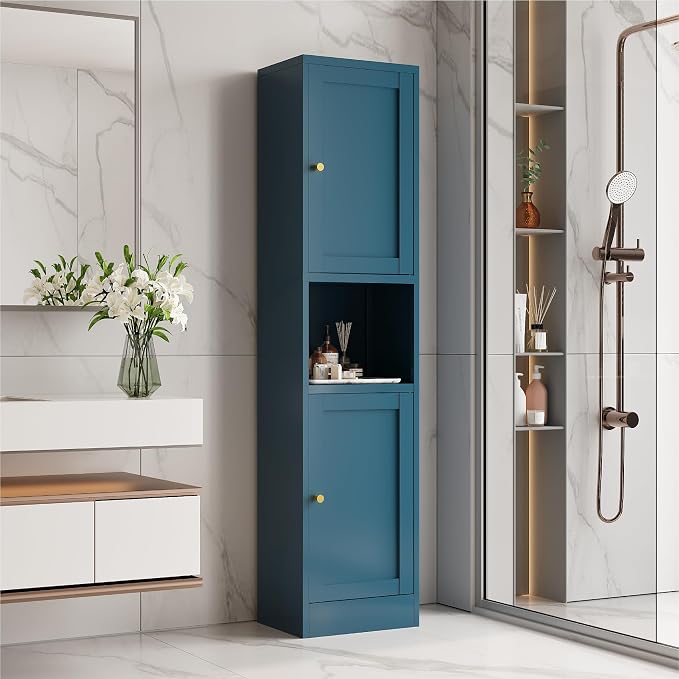 67" Tall Narrow Storage Cabinet with Doors and Open Shelf,Metal Pantry Cabinet,Shaker Style Slim Cabinet with Adjustable Shelves,for Bathroom Kitchen Laundry Small Spaces,Blue, 1Pc
