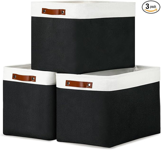 DULLEMELO Large Storage Baskets Fabric Storage Bins, Canvas Storage Basket for Shelf Toys, Decorative Large Storage Bins with Handle for Baby Gift(White&Black)