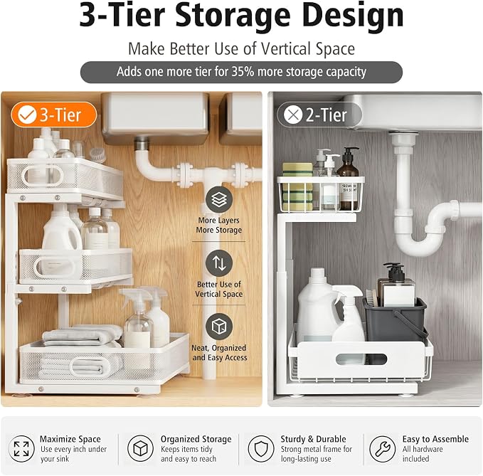 Under Sink Organizer, 3 Tier Pull Out Cabinet Organizer with 5 Adjustable Heights, Metal Under Sink Storage with Sliding Drawers for Kitchen, Bathroom, Pantry and Laundry Room, 2-Pack White