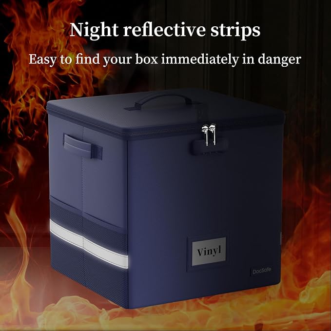 DocSafe Vinyl Record Storage Box with Lock,Fireproof Record Organizer Storage for 100+ Single Records(12-inch), Collapsible Storage Crate with Lid & Handles for Valuable Album Collection,Blue,2 Pack