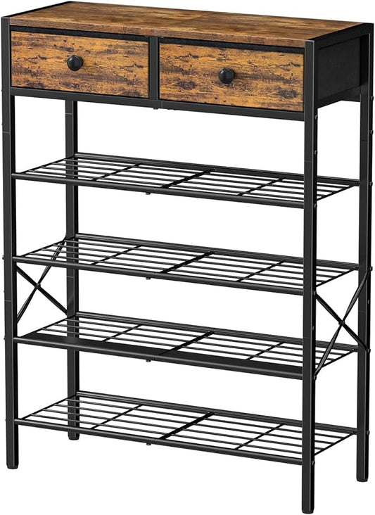 5 Tier Shoe Rack with 2 Drawers, 16-20 Pairs Rustic Brown | Holds 16-20 pairs. 2 drawers for socks/keys. Removable layer for boots. Anti-tip kit included. Quick assembly.