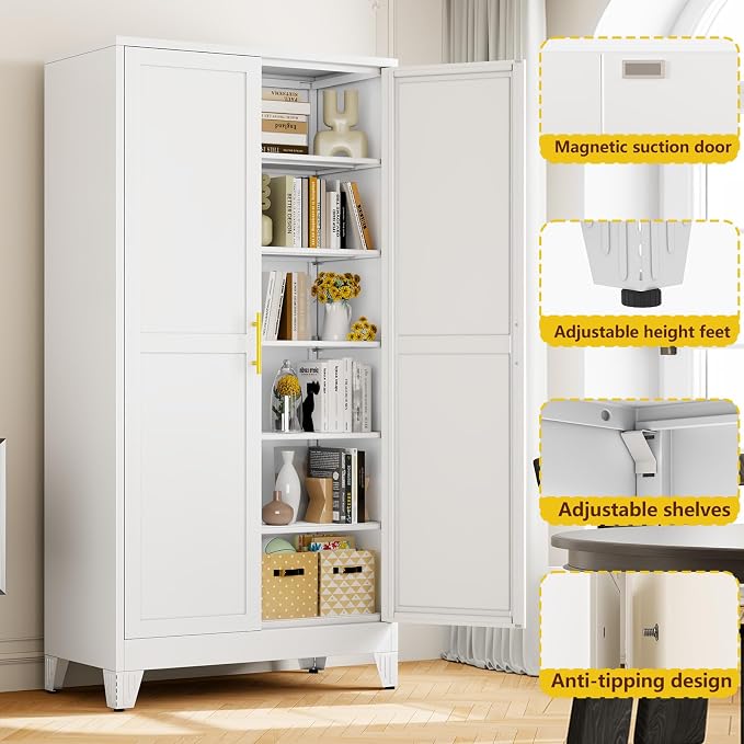 PAOFIN Metal 79“ Kitchen Pantry Cabinet, Pantry Storage Cabinet with Doors and 5 Adjustable Shelves, Freestanding Cupboard Kitchen Cabinet,Tall Cabinet for Living Room,Pantry, Bathroom,Kitchen