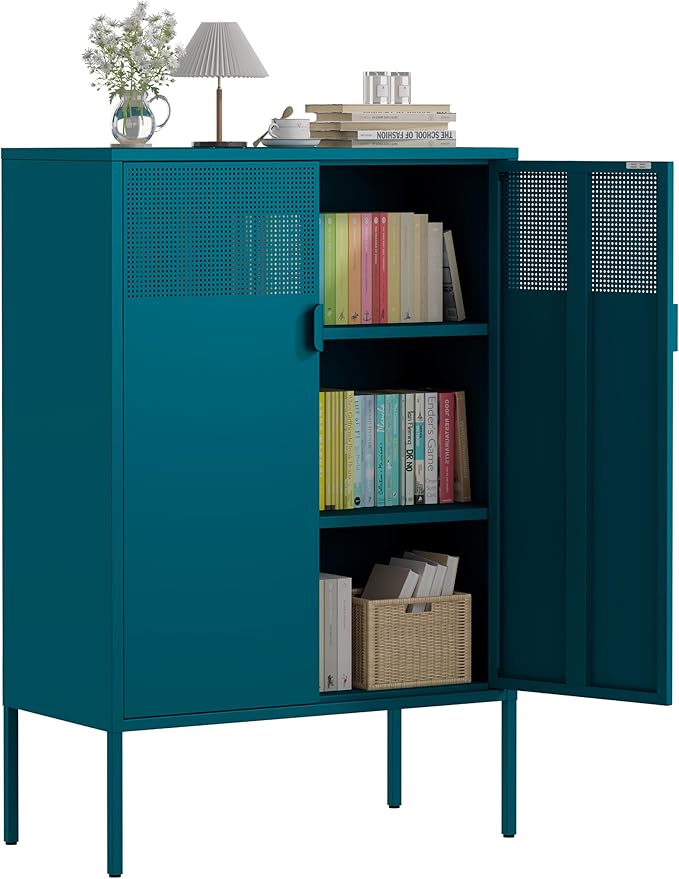 3-Tier Metal Storage Cabinet with 2 Adjustable Shelves & Mesh Doors | Metal Locker Accent Cabinet with Legs, Blue Storage Cabinets, Metal TV Stand Cabinet for Home Office, Entryway & Hallway