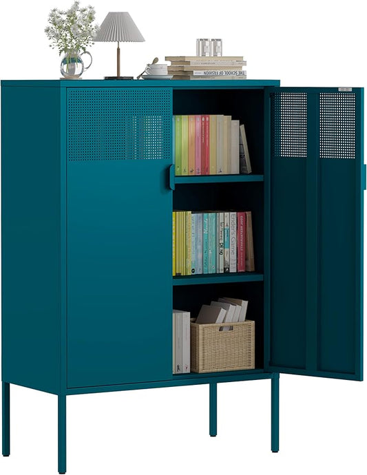 3-Tier Metal Storage Cabinet with 2 Adjustable Shelves & Mesh Doors | Metal Locker Accent Cabinet with Legs, Blue Storage Cabinets, Metal TV Stand Cabinet for Home Office, Entryway & Hallway