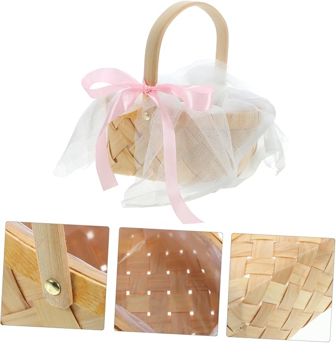 Zerodeko Woven Rattan Basket for Fruits and Flowers Decorative Storage Basket with Natural Touch for Home Wedding and Picnic Decor Includes Tulle Ribbon