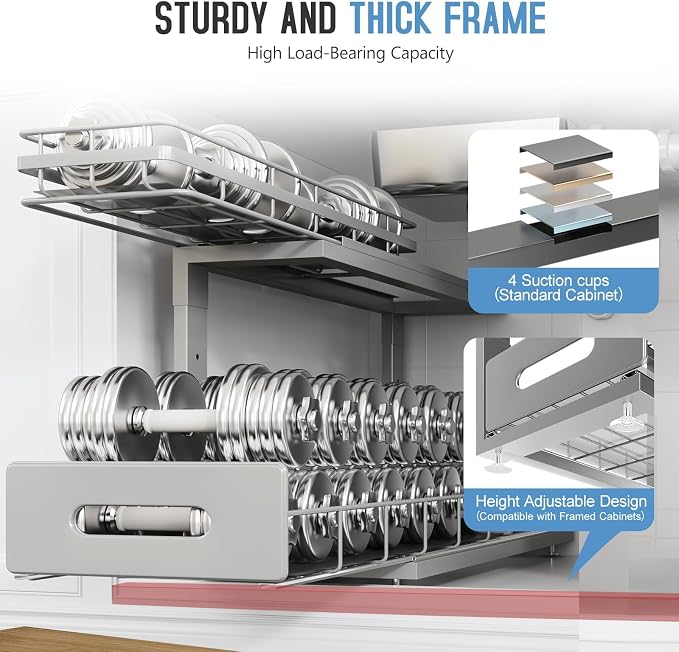 Under Sink Organizer Upgrade To Professional Rails,2-Tier Dual Pull Out Cabinet Storage,Height Adjustable Slide Out Drawers For Bathroom Kitchen,2 Pack-21"Dx12.8"-16.9"H,Gun Gray