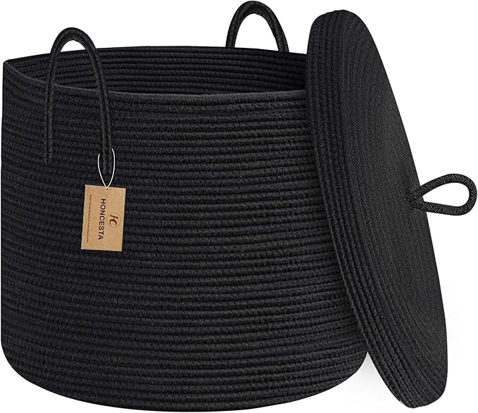 18" X 14" Large Black Basket with Lid, Cotton Rope Storage Basket for Blanket, Toy, Pillow, Towel, Living Room Bedroom Storage Bin, Wicker Woven All Black Organizing Bin with Cover