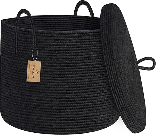 18" X 14" Large Black Basket with Lid, Cotton Rope Storage Basket for Blanket, Toy, Pillow, Towel, Living Room Bedroom Storage Bin, Wicker Woven All Black Organizing Bin with Cover