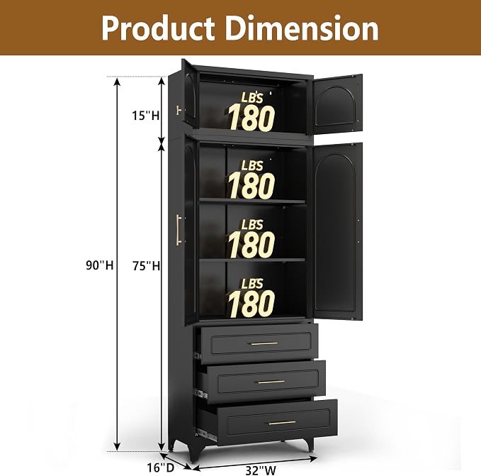 Polup Kitchen Pantry Cabinet, 90" Tall Metal Storage Cabinet with 3 Drawers | Black Heavy-Duty Steel Cupboard, 4 Doors, 2 Adjustable Shelves, Magnetic Latch, Gold Handles, for Dining Living Room, Laundry