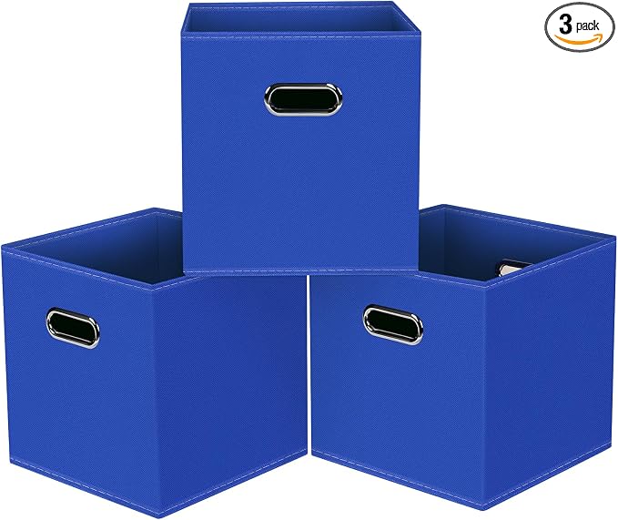 Black Foldable Storage Cubes Bins, Fabric Storage Box Cubes Organizer Baskets with Dual Handles for Home Organizer,Set of 3,(Dark Blue)
