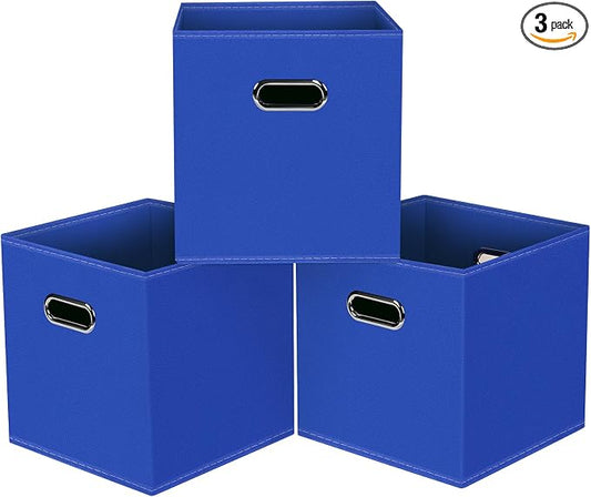 Black Foldable Storage Cubes Bins, Fabric Storage Box Cubes Organizer Baskets with Dual Handles for Home Organizer,Set of 3,(Dark Blue)