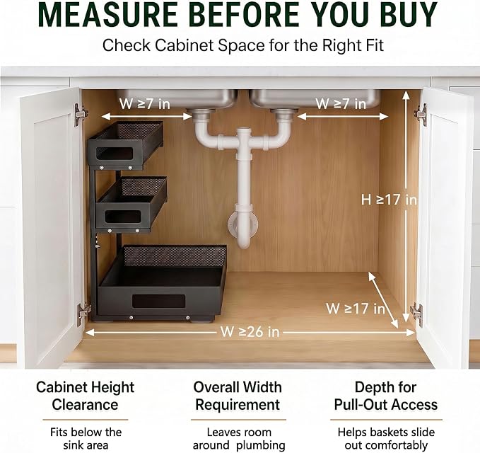 3 Tier Under Sink Organizer,1 Pack Pull Out Cabinet Shelves with Adjustable Height,Heavy Duty Carbon Steel L-Shaped Storage for Kitchen Bathroom Sink,Pantry & Laundry,Black