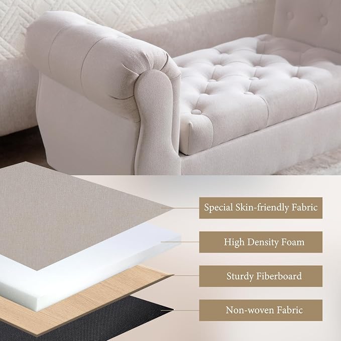 Storage Bench with Arms End of Bed Bench, Linen Entryway Bench with Storage, Button Tufted Upholstered Ottoman Bench Wood Legs, Window Sitting Bench for Bedroom/Living Room/Hallway, Beige