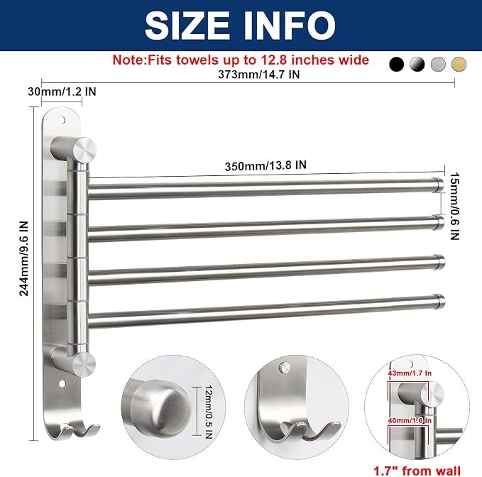 NearMoon Swivel Towel Rack, 13.8" Thicken 304 Stainless Steel 4-Arm Towel Bar, Space Saving Wall Mounted Towel Holder with Hook, Rustproof Swing Out Towel Hanger for Bathroom, Kitchen (Brushed Nickel)