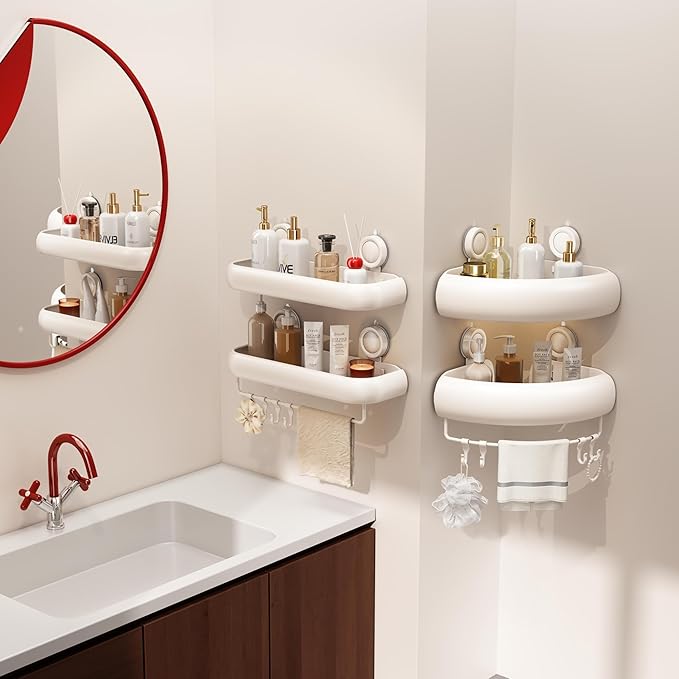 CICUFY Shower Caddy Suction Cup, 1 Pack No Drilling Corner Shower Shelves, Rust Proof Bathroom Storage Organizer, Shower Corner Caddy with Removable Hooks and Towel Bar, Square, Cream