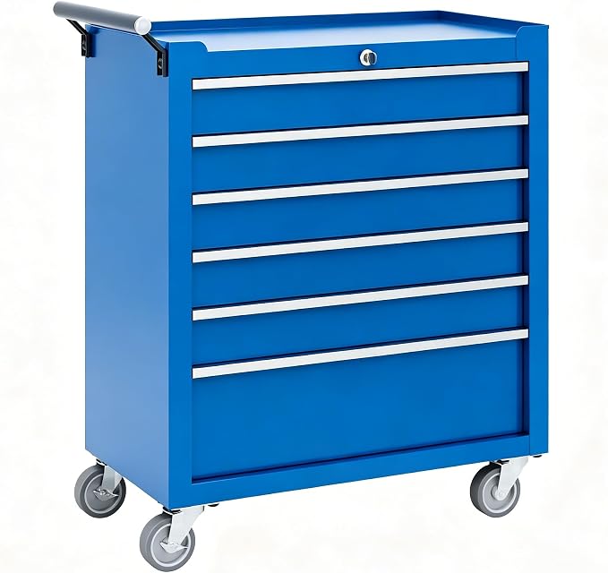 Garvee Rolling Tool Chest, 6 Drawers Tool Storage Cabinet, Toolbox with Wheels, Portable Tool Cabinet Organizer with Locking System & Drawer Liners, Tool Storage Cart for Garage, Workshop, Blue