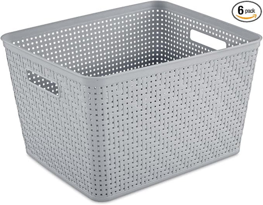 Sterilite Tall Basket, Woven Plastic Storage Organizer Bin, Cement, 6-Pack | Decorative Open Top Storage Bins with Handles for Bedroom, Bathroom, Dorm, Closet, Office and Shelf Organization