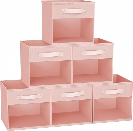DIMJ Cube Bins, 12.2-Inch Storage Bins Cubes with Window, 6 Packs Collapsible Storage Bins with Handles, Closet Storage Baskets for Organizing Living Room, Office, 6 Pack,Pink