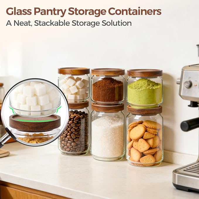 ComSaf Glass Pantry Storage Container with Acacia Wood Lids 1.1/0.5Qt 6Pack | Food Canister for Cooks, Oats Coffee Sugar Nuts Snacks Tea Candy, Pantry Kitchen Living Room, Stacked Design, Jar with Labels
