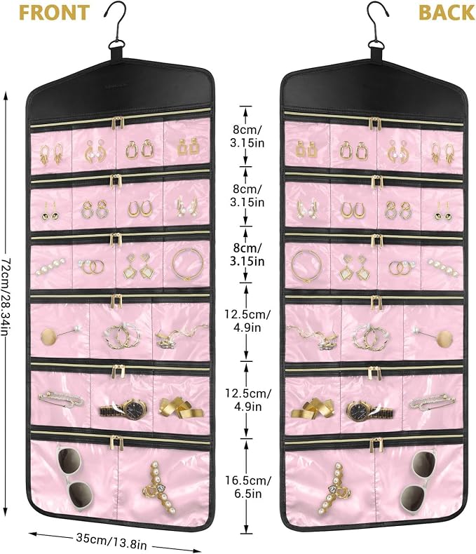 CHICECO Hanging Jewelry Organizer With Zippered Pockets,40 Pockets Travel Jewelry Organizer Storage for Cloest,Wall,Door (Pink)