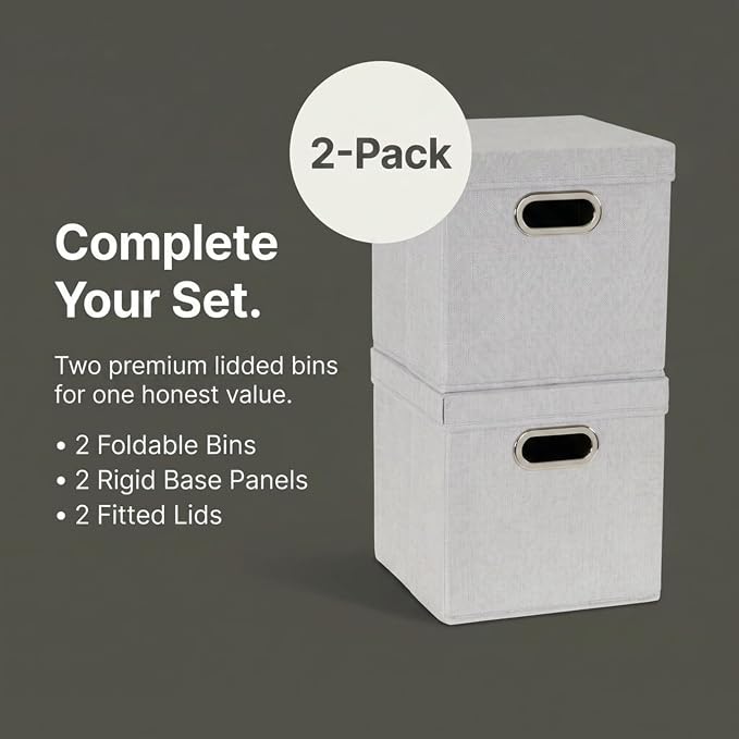 Household Essentials 804-1 Café Cube Bin Storage Set with Lids and Handles | 2 Pack | Silver Linen