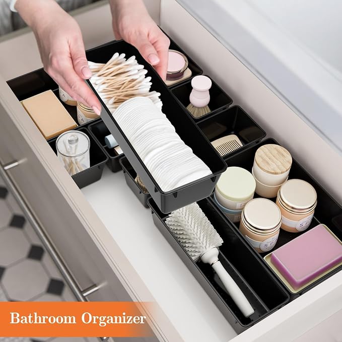 SpaceHacks 25 PCS Plastic Drawer Organizer Set, 4-Size Versatile Organizer Trays & storage Bins for Makeup, Jewelry, and Gadgets in Bathroom, Bedroom and Office, Black