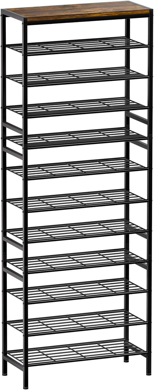 12 Tier Metal Shoe Rack with Wood Top, 40-48 Pairs Rustic Brown | Tallest 77.5in for maximum storage. 3 iron sheets for heels. Removable layer fits tall boots. Display top.