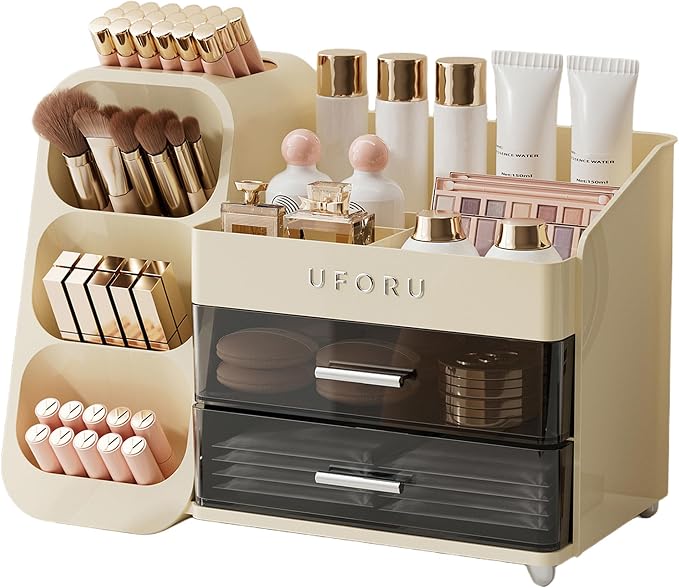UFORU Makeup Organizer Countertop with Brush Holder for Vanity Bathroom | Large Capacity, Thickened Plastic, 2 Clear Drawers, Compact Size, Detachable Brush Holder, Divided Compartments, Easy Access