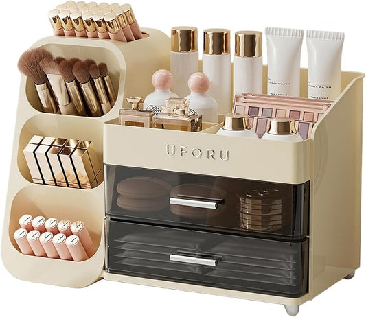 UFORU Makeup Organizer Countertop with Brush Holder for Vanity Bathroom | Large Capacity, Thickened Plastic, 2 Clear Drawers, Compact Size, Detachable Brush Holder, Divided Compartments, Easy Access