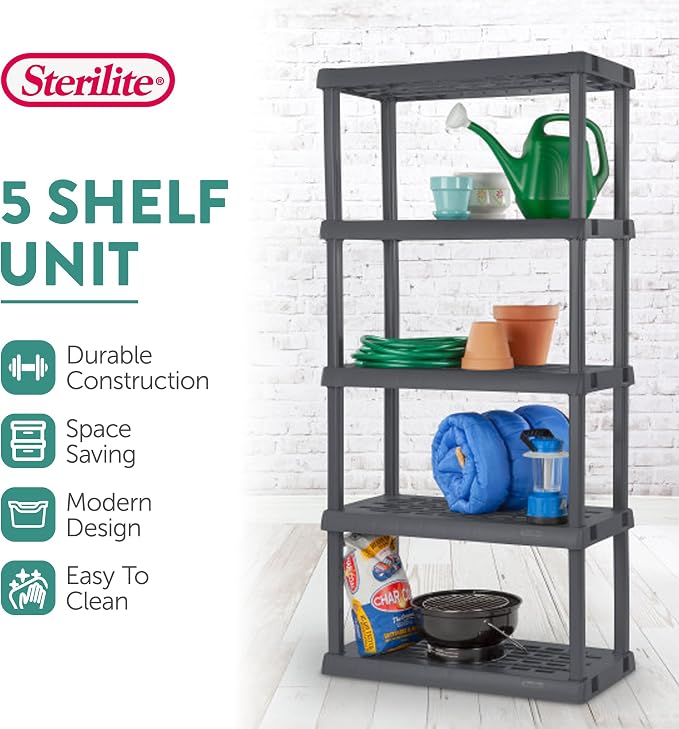 Sterilite 5 Shelf Unit, Heavy-Duty Plastic Utility Storage Rack, 2-Pack | Freestanding Shelving Organizer with 150 lb Capacity Per Shelf for Kitchen, Bathroom, Garage, Basement, Pantry & Laundry Room