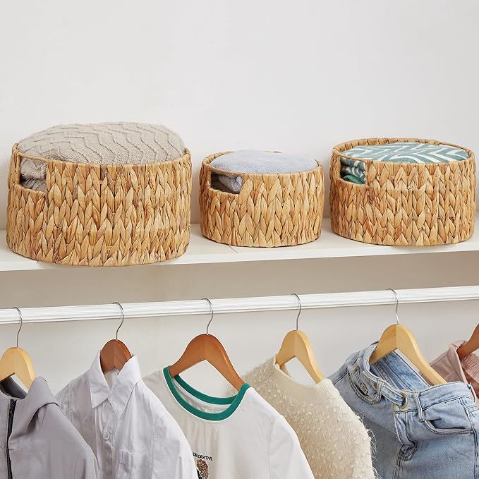 Wicker Storage Basket, Hand-Woven Water Hyacinth Large Round Woven Basket With Handles, Wicker Baskets for Organizing/Storage, 3-Pack