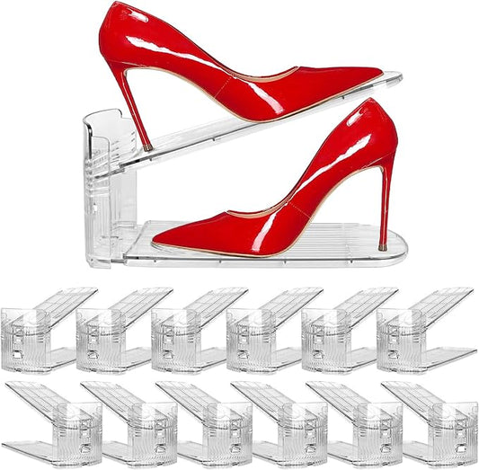 NVGSN 12Pack Clear Shoe Slot Organizer,Shoe Stacker,Storage Space Saver 50% | 3 Levels Adjustable Height 3.7''-7.7''shoe Organizer for Closet,Easy to Assemble shoe Rack Holder,Organizador de Zapatos