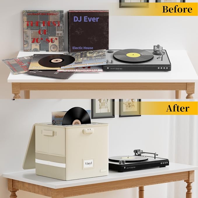 DocSafe Fireproof Vinyl Record Storage Box with Lock, Beige, 13"x13"x13" | Record Organizer for 100+ Single Records(12-inch),Collapsible,with Lid&Handles,Valuable Album Collection,Home&Travel Safe