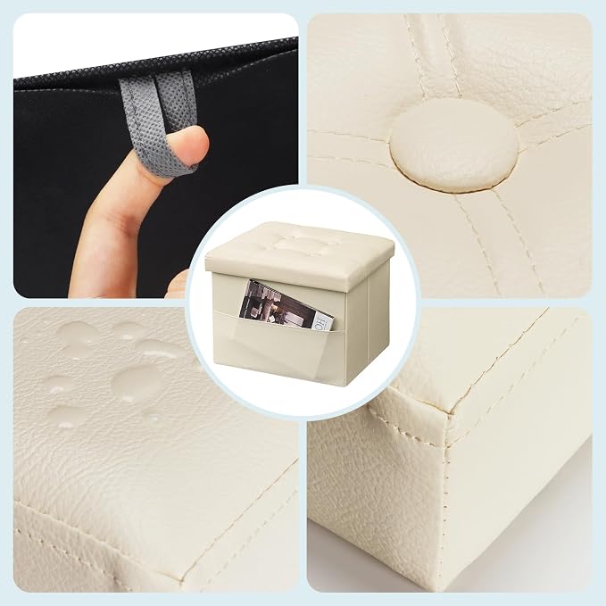Bsketa Storage Ottoman Bench,16 Inch Folding Leather Foot Rest Stool, Beige | Small Ottoman with Side Pockets, Thicker Foam Padded Seat, Livingroom, Dorm, Bedroom, Easy to install, 38L, 16x12x12in