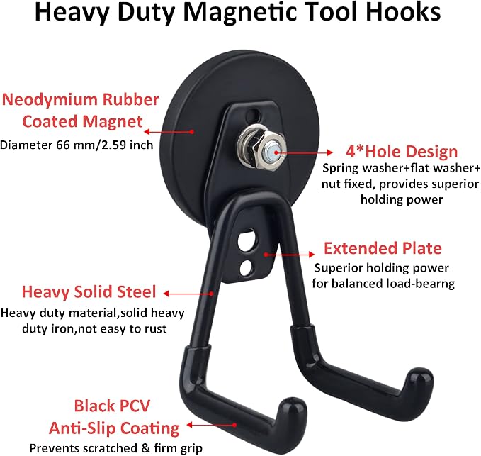 ULIBERMAGNET Large Magnetic Hooks,Strong Heavy Duty Magnet Hooks for Power Drill,Broom,Garden Tools,Pegboard,Garage,Workshop,Hardware, 2 Pack Magnet Storage Holder for Indoor Outdoor Hanging(Black)