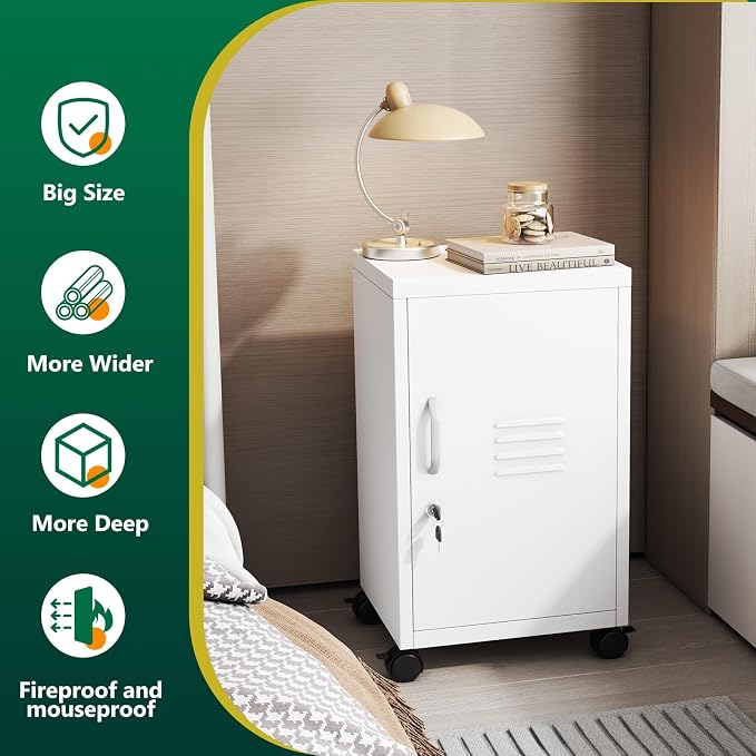 PAOFIN Metal Locker Cabinet,Under Desk Metal Vertical Filing Cabinets with Shelf and Wheels for Home Office Organizer Letters, Employees, White (Required Assembly)