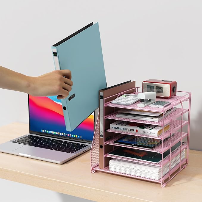 gianotter 6-Tier Paper Organizer With Magazine Holder, Desk Organizers and Accessories, Desk Accessories & Workspace Organizers, File Organizer for Office Supplies Storag (Pink, 6-Tier)