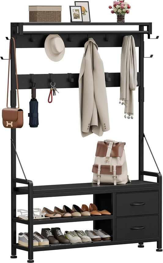 Coat Rack, 39.4” Hall Tree with Shoe Storage Bench, Black | 5 in 1 Entryway Furniture Organizer, 21 Hooks, 2 Fabric Drawers, Handy Clothes Rail