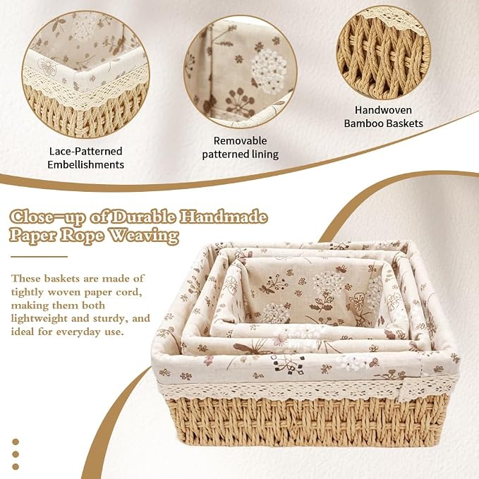 Small Wicker Basket 3-Piece Set: Handwoven Natural Paper Rope Storage Baskets for Organization, Storage, and Home Decor (Lined)