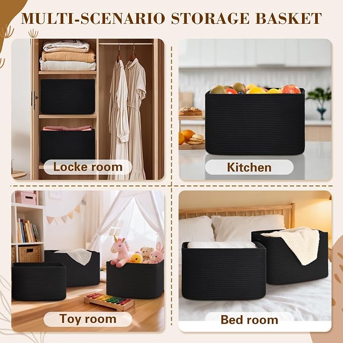 Baskets for Organizing,Storage Baskets,3 Pack Baskets for Shelfves,15"×10"×9" Woven Black Basket,toy storage bins,bins for organization