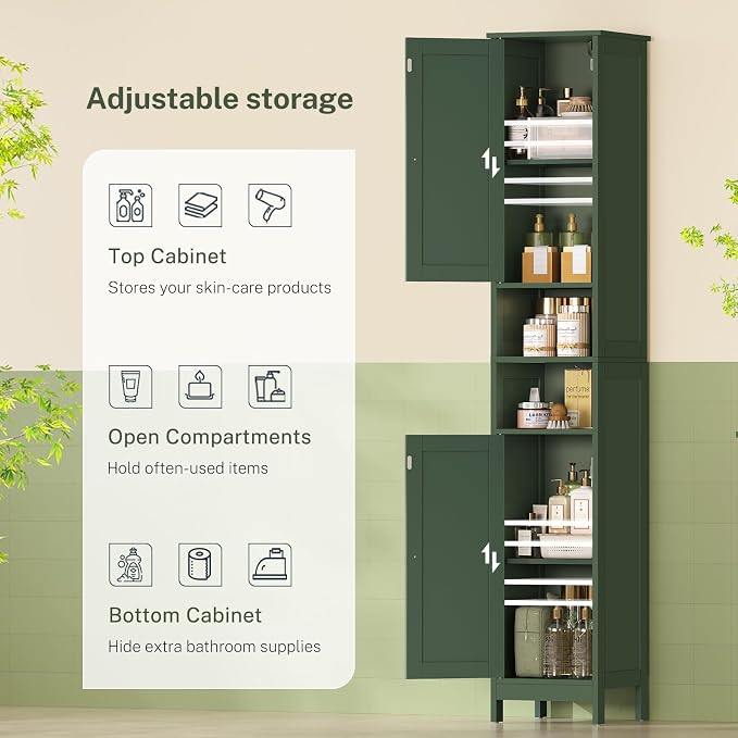 67" Tall Bathroom Cabinet with Adjustable Shelves and Doors, Narrow Bathroom Storage Cabinet for Small Space, Living Room, Entryway, Kitchen, Green