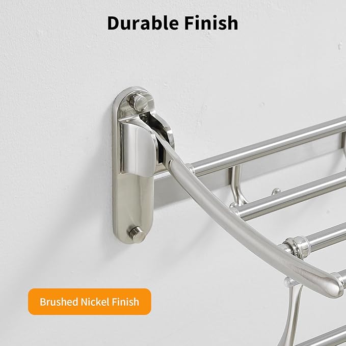 24 Inch Brushed Nickel Towel Racks, Bathroom Towel Shelf with Foldable Towel Bar Holder and Towel Hooks, Wall Mounted Multifunctional Bathroom Accessories, Double Towel Bars