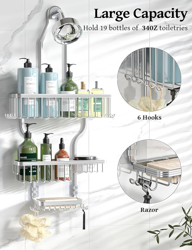 YASONIC Never Rust Shower Caddy Hanging, Aluminum Shower Racks for Inside Shower, 3-Tier Shower Organizer Hanging Over Shower Head with Hooks and Soap Holder, Silver