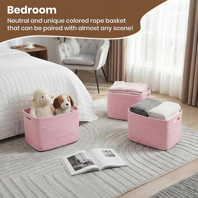Storage Baskets for Organizing, 14 x 10 x 9” Closet Shelf Woven Baskets, Square Bins with Handles, Cotton Rope Basket for Clothes, Office, Room, Pink 3 Pack